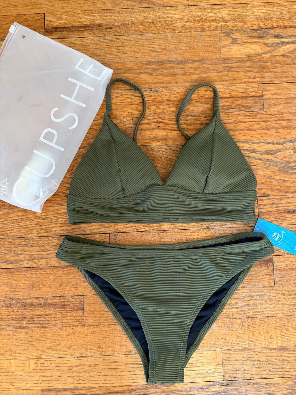 Cupshe Olive Ribbed Triangle Bikini Set - Small NWT